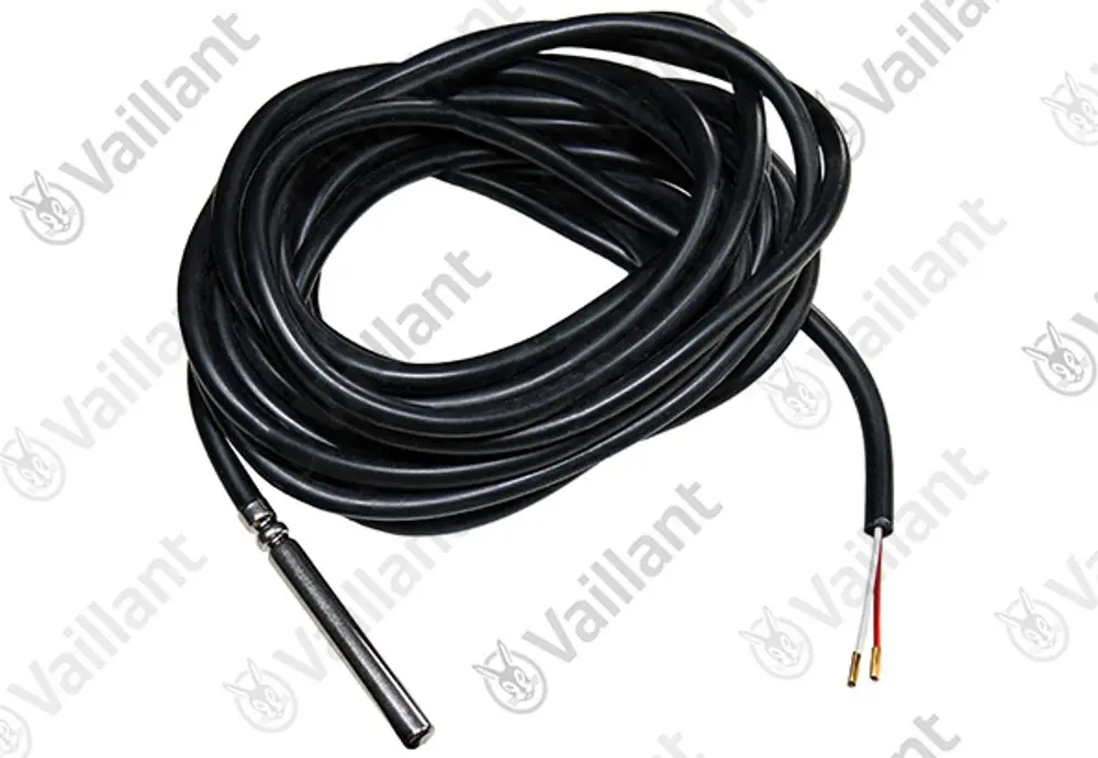 Schwarzes Kabel mit einem Sensor an einem Ende und freiliegenden Drähten am anderen Ende. Produkt von Vaillant, eventuell für Heizungsanwendungen.